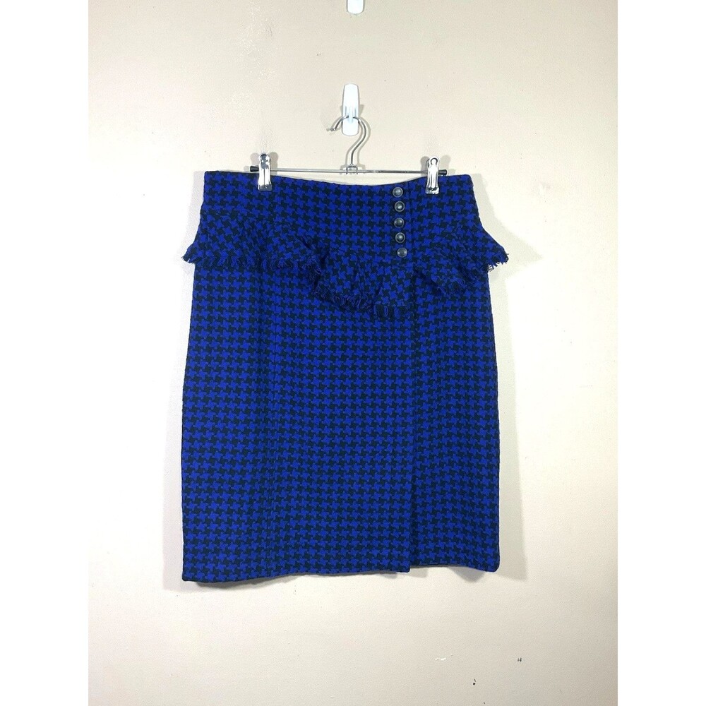 Nanette Lepore Wool Blend Houndstooth Pencil Skirt 12 Blue Academia Preppy